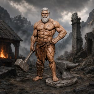 May include: A muscular, bearded figure with light skin and gray hair stands barefoot, wearing a tattered loincloth. The figure holds a large, rectangular stone hammer in one hand and stands beside a heavy metal anvil on a rocky base.