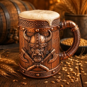 Pode incluir: Uma caneca de cerveja cor de cobre com um relevo de um capacete viking com chifres e dois machados cruzados. A caneca tem uma textura de madeira, uma borda trançada e uma alça nervurada. Está cheia de cerveja com espuma branca.
