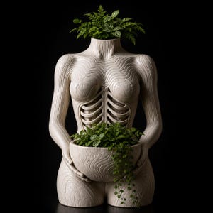 May include: A cream-colored, human torso-shaped planter with a hollow chest revealing a rib cage design. The planter holds green plants in the head and a bowl held by the arms. The sculpture has a textured, carved appearance, set against a black background.