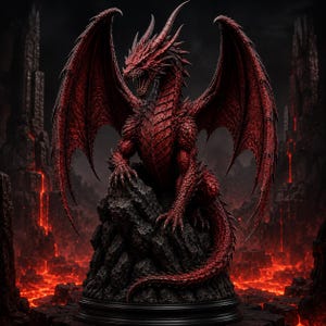 May include: A detailed red dragon statue with outstretched wings, perched atop a rocky formation. The dragon has sharp claws, horns, and a menacing expression. The background features a dark, fiery landscape with lava and ominous rock formations.