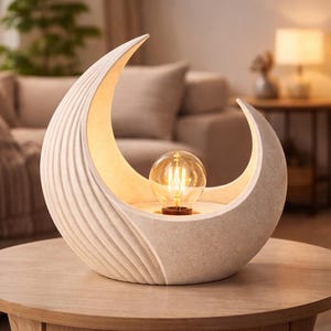 Puede incluir: Lámpara de mesa decorativa con forma de media luna. Fabricada en material texturizado blanco roto, con una bombilla de luz cálida. La lámpara está sobre una mesa redonda de madera. Dimensiones: aproximadamente 30 cm de altura.