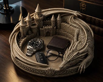 Bandeja para dados Castillo del Dragón (archivo digital STL), soporte para dados de dragón de fantasía, arena de dados medieval, accesorio para juegos de mesa, modelo imprimible en 3D.