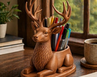 Soporte para bolígrafos con forma de ciervo (archivo STL), organizador de escritorio con forma de ciervo (archivo para impresión 3D), maceta con forma de ciervo (archivo STL), portalápices con forma de animal, decoración de bosque (archivo STL para descarga digital)
