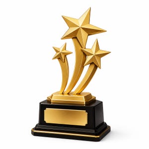 May include: A gold-colored trophy featuring three star-shaped figures mounted on curved stems of varying heights. The stars are attached to a rectangular black base that includes a blank, gold-colored metal plaque centered on the front face.