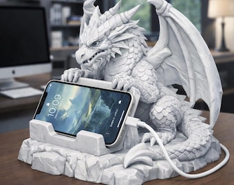 Archivo STL de soporte para teléfono con diseño de dragón, soporte para teléfono impreso en 3D, base de dragón de fantasía, soporte para tableta STL, decoración de escritorio para jugadores, modelo de dragón mítico,