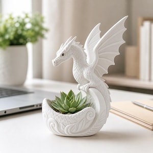 Może przedstawiać: Biała ceramiczna donica w kształcie smoka z rośliną sukulentową. Smok ma szczegółowe skrzydła i siedzi na ozdobnej podstawie. Donica stoi na białym biurku.