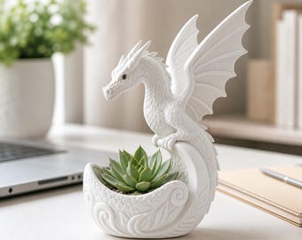 Maceta Dragón Blanco, Maceta para suculentas de fantasía, Decoración gótica para el hogar, Soporte para plantas de resina con forma de dragón, Regalo mítico, Decoración de escritorio, Descarga digital