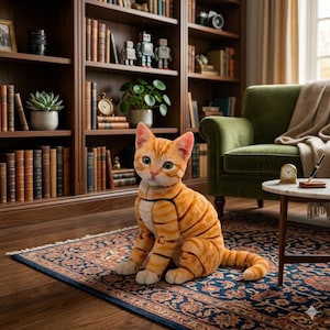 May include: An orange tabby cat plush toy with black accents sits on a patterned rug. The cat is in a room with a green armchair, a small table with a clock, and a bookshelf filled with books. The plush cat has a detailed design.