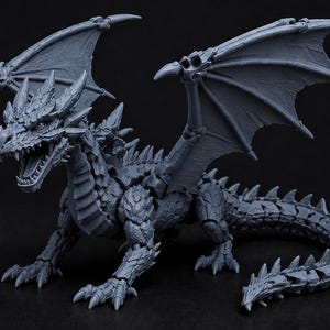 May include: A detailed, gray dragon figurine with articulated joints and large, spread wings. The dragon has an open mouth, revealing sharp teeth, and a long, segmented tail. The figure is posed on all fours, with a textured, scaly appearance.