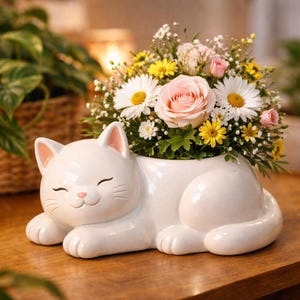 May include: A white ceramic cat-shaped planter filled with a colorful arrangement of flowers. The flowers include pink roses, white daisies, and yellow blooms. The cat planter has a smiling face and is resting on a wooden surface.
