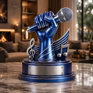 Singer-trofee STL- en 3MF-bestanden, hand met microfoonstandbeeld, decor muziekprijs, 3D-afdrukbare zangcollectie, digitale download