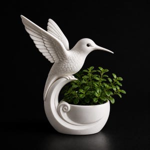May include: A white ceramic hummingbird planter with outstretched wings, perched above a small pot filled with green plants. The planter has a curved, decorative base with a swirling design. The background is black.