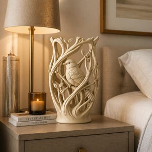 Jarrón con escultura de pájaro, decoración para el hogar inspirada en la naturaleza, jarrón de cerámica minimalista, decoración rústica moderna, jarrón con arte de ramas, regalo único