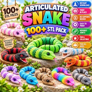 Puede incluir: Una colección de serpientes articuladas impresas en 3D en varios colores, incluyendo rosa, verde, rojo, negro, azul, marrón y arcoíris. La imagen incluye el texto 100+ STL FILES y ARTICULATED SNAKE 100+ STL PACK con iconos de descarga.