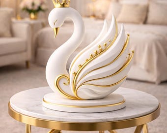 Arte mural de lujo con cisne blanco y dorado, elegante decoración de cisne, estampado minimalista de aves reales, arte mural imprimible, descarga digital de estética de lujo.