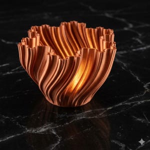 Puede incluir: Un cuenco decorativo de color cobre con un diseño ondulado único. El exterior del cuenco presenta líneas verticales y curvas que crean una superficie texturizada. El interior refleja un tono dorado cálido, lo que sugiere un acabado metálico. El cuenco está sobre una superficie de mármol negro.