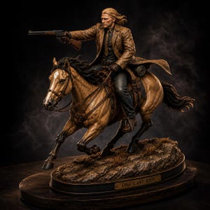 Puede incluir: Una escultura de bronce de un hombre a caballo, apuntando con un rifle. El hombre lleva un abrigo largo y monta un caballo marrón claro. La escultura está montada sobre una base de madera oscura con la inscripción "ONE LAST RIDE".