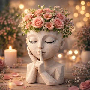 Maceta con forma de rostro (archivo STL) para impresión 3D, modelo de jarrón con forma de cabeza estética, maceta moderna para mujer, decoración minimalista para el hogar (archivo STL), descarga digital.