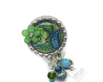 Paisley Green and Blue Retractable ID Name Badge Reels - Designer Badge Clip and Lanyard Gifts - Cute Fashionable Beaded Badge Reel Jewelry