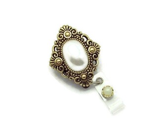 Pearl Brooch Badge Reel - Gold Tone Badge Reel - Badge Reel - Badge Reel Jewelry - Cute Badge Reel - ID Badge Reel - Badge Reel Gifts - ID