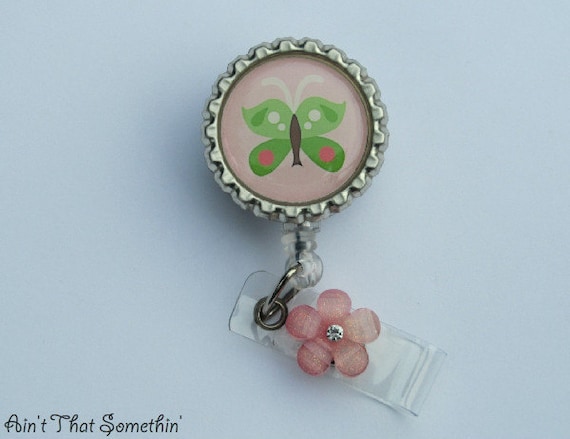 Dusty Pink and Green Butterfly Retractable Badge Reel Butterfly