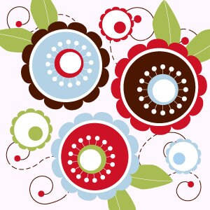 May include: Abstract floral design with four large stylized flowers in red, blue, brown, and green with white dots and smaller circles in the center. The background is white.