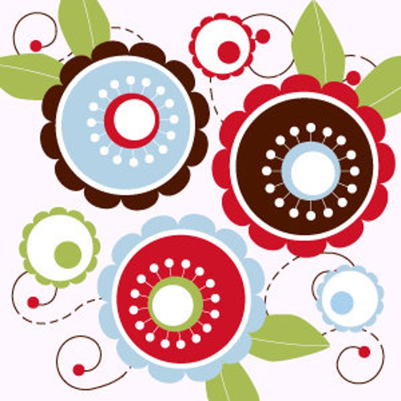 May include: Abstract floral design with four large stylized flowers in red, blue, brown, and green with white dots and smaller circles in the center. The background is white.