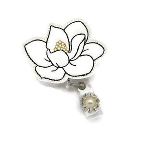 Magnolia Badge Reel - Classy Flower Name Badge Reel - Badge Reel Jewelry - Nurse Badge Reel - Cute Vinyl Magnolia Flower Gifts - Classic ID
