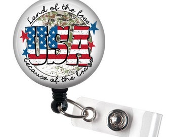 USA Land of the Free Because of the Brave Patriotic Military Badge Reel - Shimmery Glitter Country Pride Carabiner Lanyard Name Tag Holder