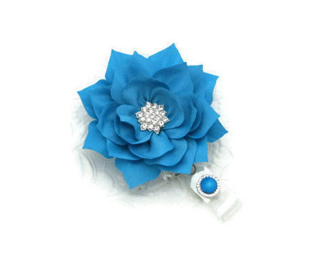 Flower Badge Reel Big Blooms Badge Reel Aqua Blue Flower Etsy