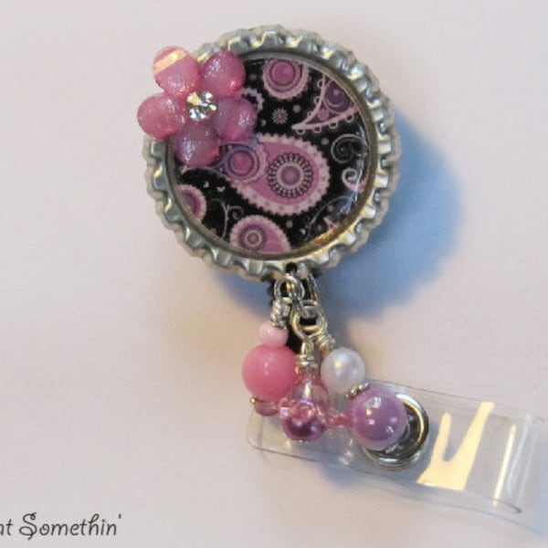 Black with Lavender/Pink Paisley Retractable Badge Reel - Paisley Badge Reels - Designer ID Holders - Professional Badge Reels - Diva IDs