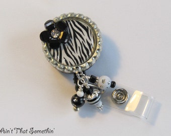 Zebra Retractable Badge Reel - Beaded Badge Reel - Zebra ID Badge Reel - Zebra Gifts - Badge Reel Jewelry - Cute Badge Reels - Zebra Pattern