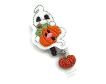Halloween Badge Reel, Cute Ghost with Pumpkin Retractable Badge Reel, Badge Reel Gifts, ID Badge Clip, Nurse RN Badge Reel, Ghost Badge Reel