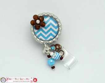 Chevron in Aqua and Brown Retractable Badge Reel