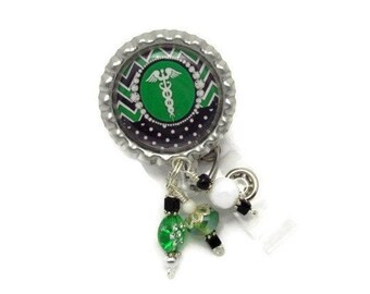 Caduceus Nurse Doctor Retractable ID Name Badge Reel Jewelry Gifts - Cute Green and Black Designer Medical Retractable Badge Clip Lanyard
