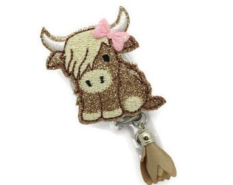 Highland Cow Badge Reel - Cute Glitter Vinyl Cow Badge Holder - Retractable Badge Reel - Nurse Badge Reel - Badge Holder - ID Holder - Gifts