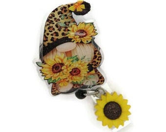 Gnome Badge Reel - Leopard and Sunflower Gnome ID Badge Reel - Acrylic Glitter Badge Holder - Gnome Lover Gifts - Gifts for Her - Nurse ID