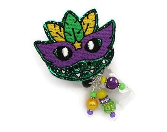 Mardi Gras Gator Badge Reel - Beaded Retractable ID Mardi Gras Lanyard - Mardi Gras Gifts - Cute Nurse Holiday Glitter Vinyl Badge Reel