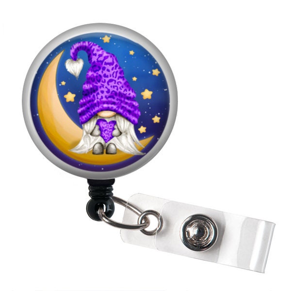 Purple Gnome Badge Reel - Night Nurse Name Badge Holder - Gnome Lover Gifts - Beaded Retractable Badge Reel - Cute Purple ID Badge Lanyard