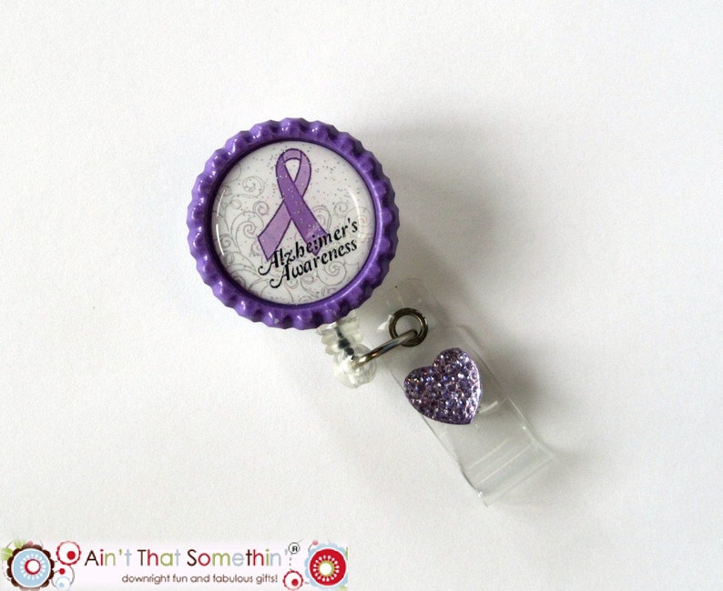 Alzheimers Awareness Retractable Badge Reel Awareness ID Holder Purple Ribbon Badge Clip Designer ID Holder Awareness Gift image 1