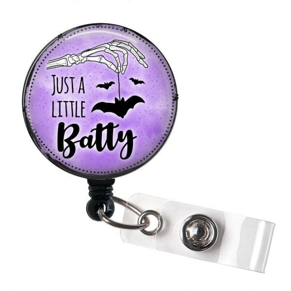 Just A Little Batty Halloween Badge Reel - Cute Purple Skeleton Badge Reel  - Fun Halloween Gifts - Nurse Badge Reel - ID Badge Reel Gifts