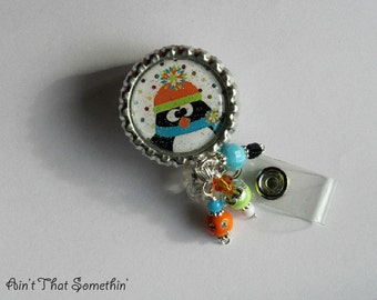 Penguin Badge Reel-  Retractable Badge Reel-  Winter Badge Reels-  Stocking Stuffers- Cute ID Holders- Beaded Badge Pulls- Fun Badge Reels