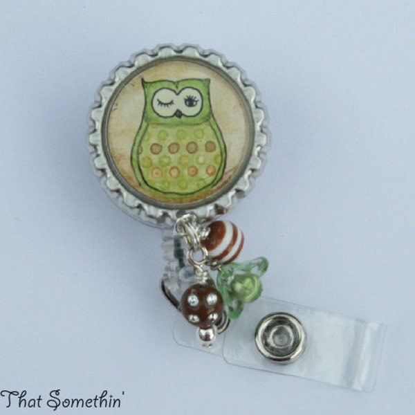 Green Hoot Owl Retractable Badge Reel with Bead Bundle - Bottlecap Badge Holder - Owl Badge Reel - Owl Gifts - Fun Badge Clips - Cute IDs