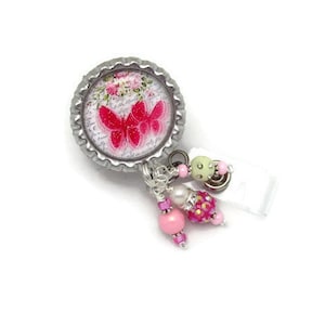 Butterfly Badge Reel - Pink Butterfly - Badge Reel - Pink Badge Reel - Beaded Badge Reel - Badge Reel Jewelry - Designer Badge Reel - ID Fun