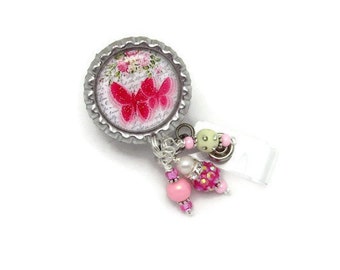 Butterfly Badge Reel - Pink Butterfly - Badge Reel - Pink Badge Reel - Beaded Badge Reel - Badge Reel Jewelry - Designer Badge Reel - ID Fun