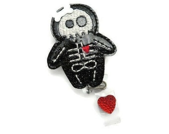 Skeleton Badge Reel - X-Ray Radiology Tech Name Badge Reel - Cute Glitter Vinyl Halloween Badge Reel Gifts - Skeleton Lanyard ID Badge Reel