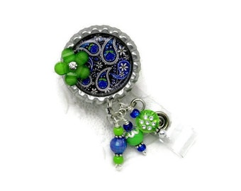 Paisley Badge Reel - Royal Blue & Green Badge Reel - Designer Badge Reel - Beaded Badge Reel - Badge Reel Jewelry - Badge Reel Gifts - ID