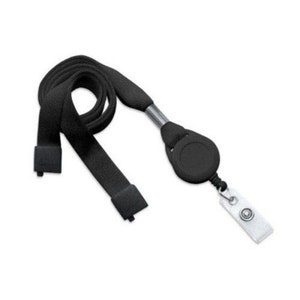 May include: Black retractable badge holder with a black lanyard. The lanyard is made of a woven fabric and has a metal clip on one end. The badge holder has a clear plastic window for displaying a badge or ID card.