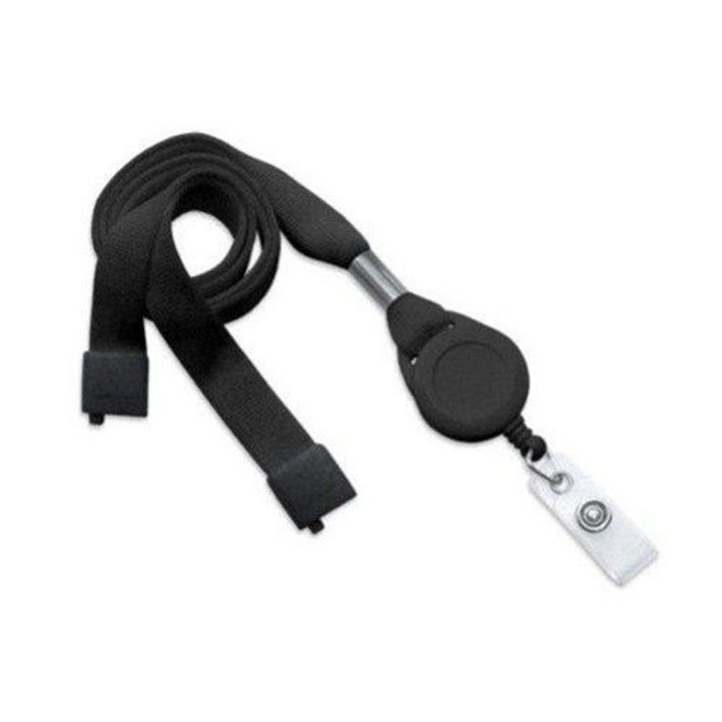 May include: Black retractable badge holder with a black lanyard. The lanyard is made of a woven fabric and has a metal clip on one end. The badge holder has a clear plastic window for displaying a badge or ID card.