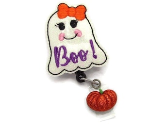 Ghost Halloween Badge Reel - Cute Glitter Bling Boo Ghost Name Badge Reel - Nurse Halloween ID Badge Reel Gifts - Halloween Gifts Under 10